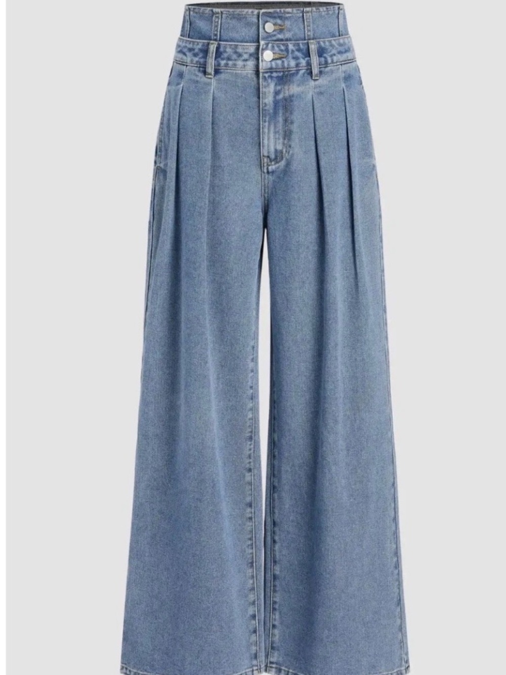 Cider High-Waist Pleated Wide-Leg Denim Pants in Light Blue